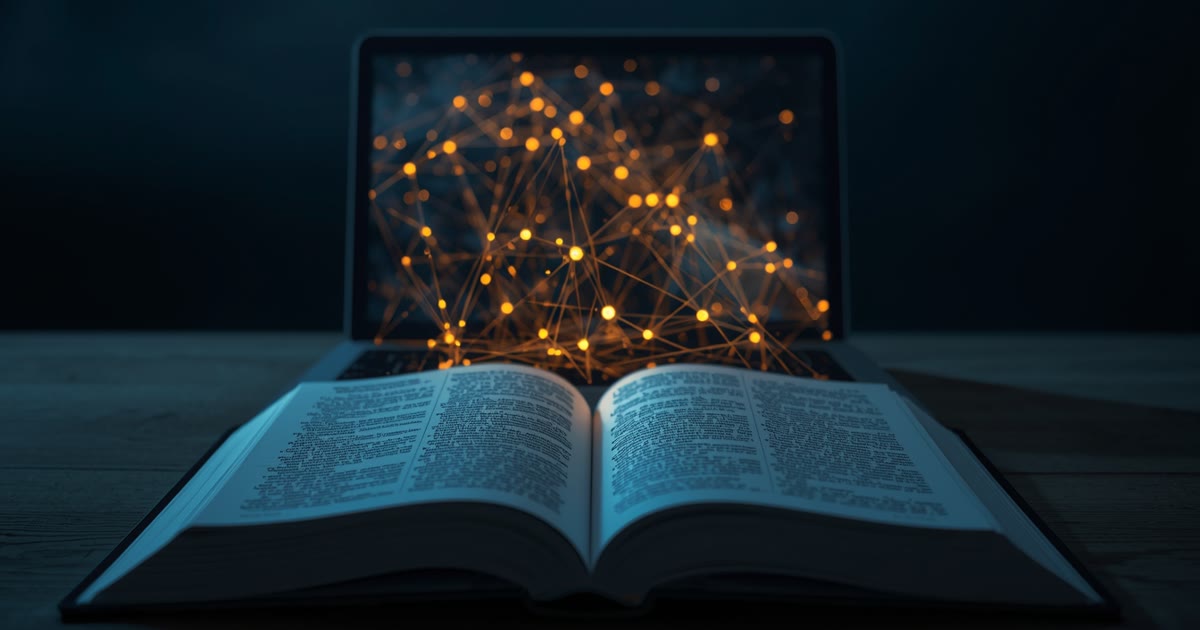 Codice aperto accanto a un computer portatile da cui sale una rete luminosa, per la guida al decreto 179/2026 sull'intelligenza artificiale